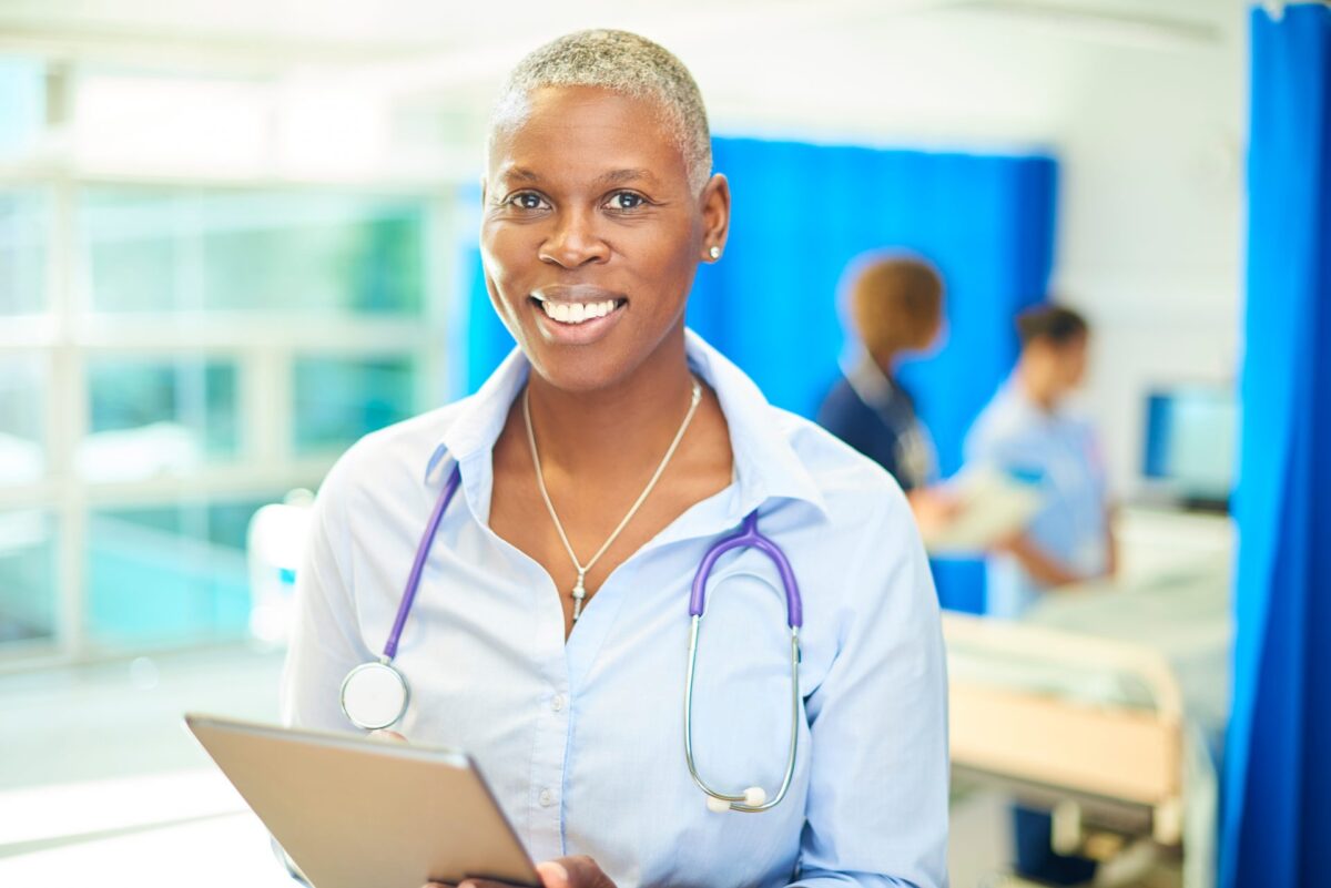 A medical student with a stethoscope and clipboard